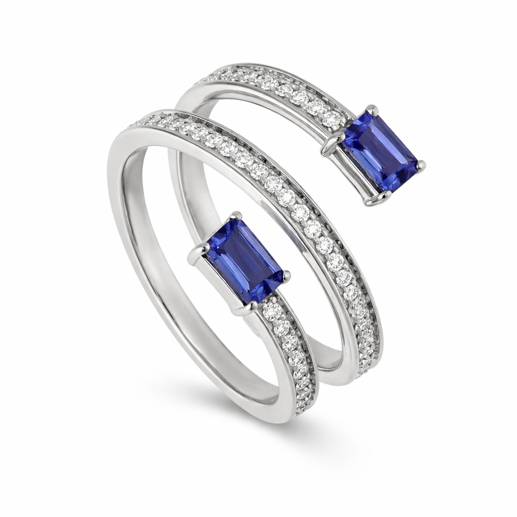 14K White Gold Sapphire Twin  Diamond Ring