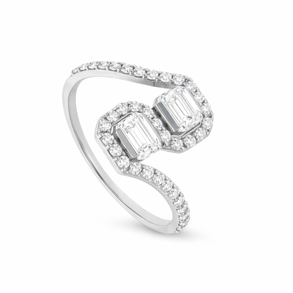 14K White Gold Twin Emerald Diamond Halo Ring