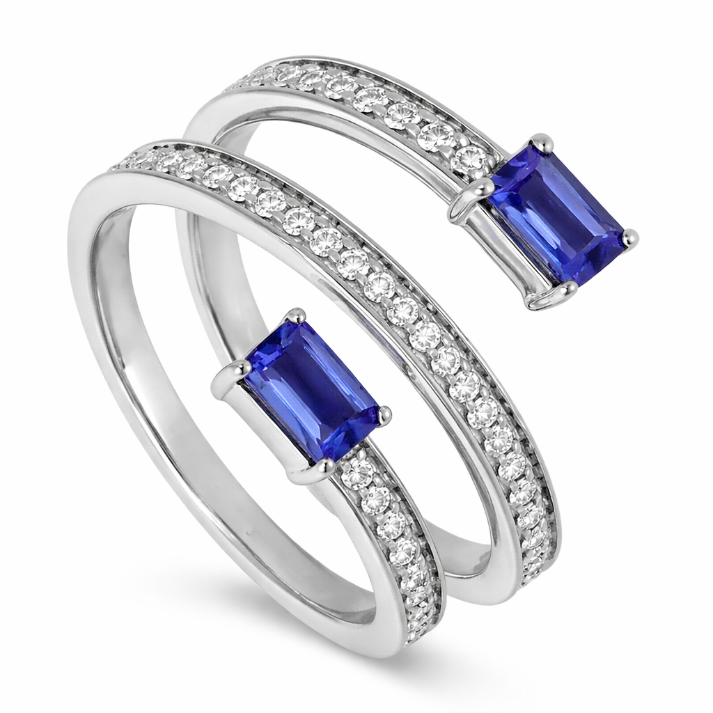 14K White Gold Sapphire Twin  Diamond Ring