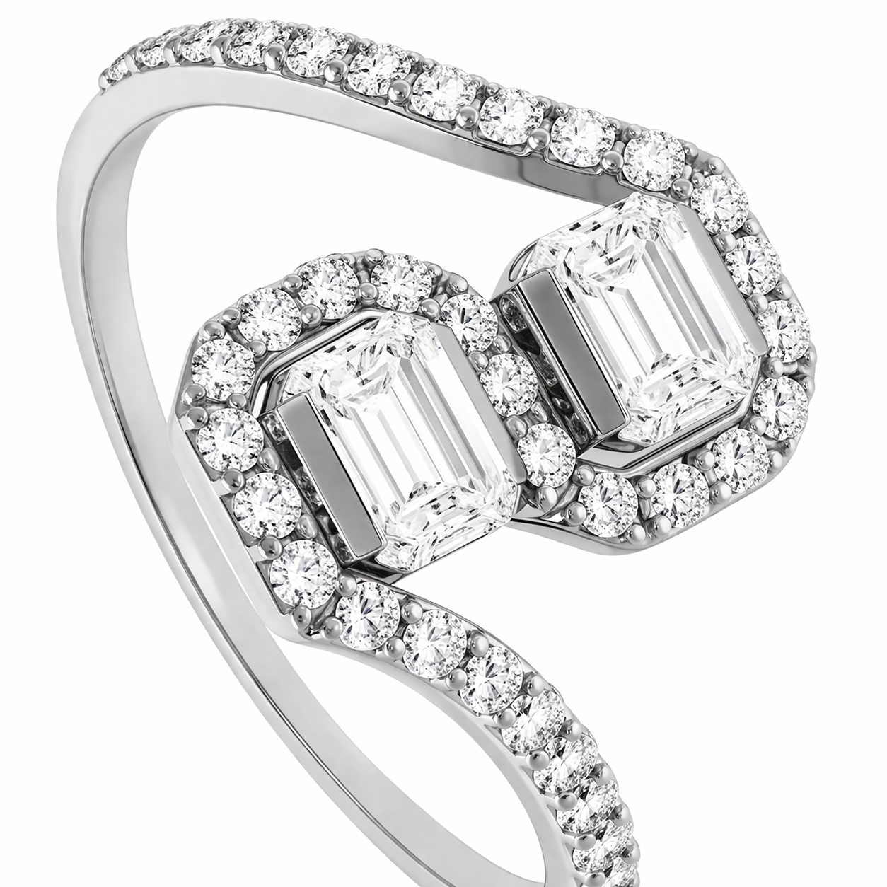 14K White Gold Twin Emerald Diamond Halo Ring