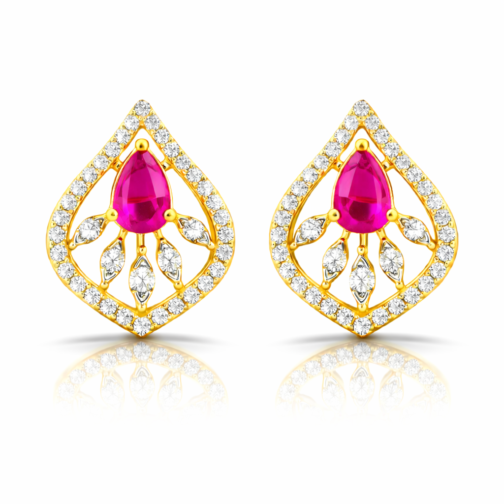 14k Gold Ruby Teardrop Floral Earrings