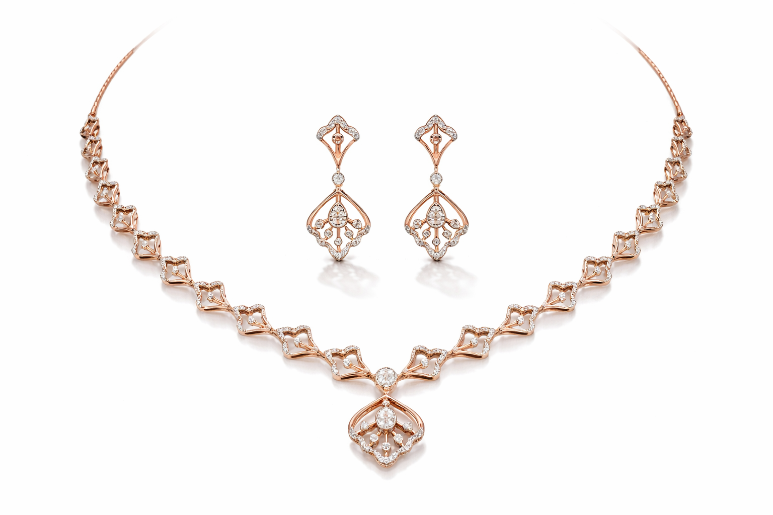 14k Rose Gold Blooming Floral Diamond Necklace & Drop Earrings Set