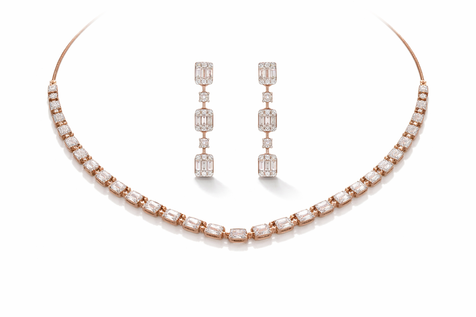 14k Rose Gold Diamond Linear Necklace & Drop Earrings Set