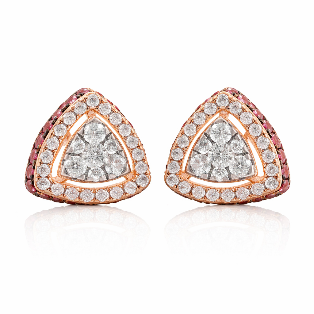 14k Rose Gold Diamond & Ruby Triangle  Stud Earrings