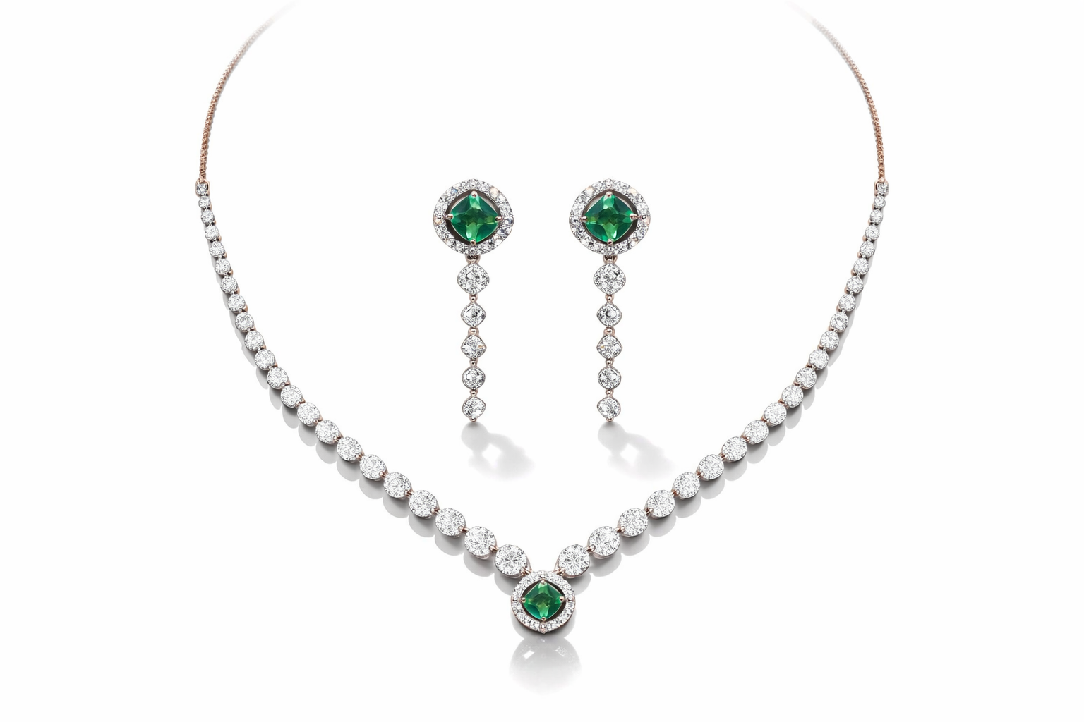14k Rose Gold Emerald Halo Diamond Necklace & Drop Earrings Set