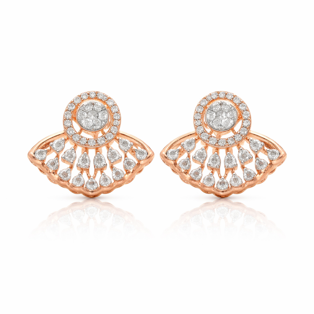 14k Rose Gold Fan Halo Diamond Stud Earrings