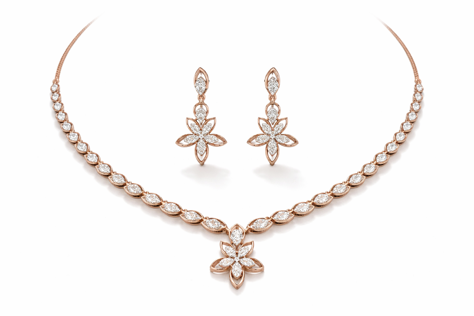 14k Rose Gold Floral Diamond Rose Gold Necklace & Drop Earrings Set