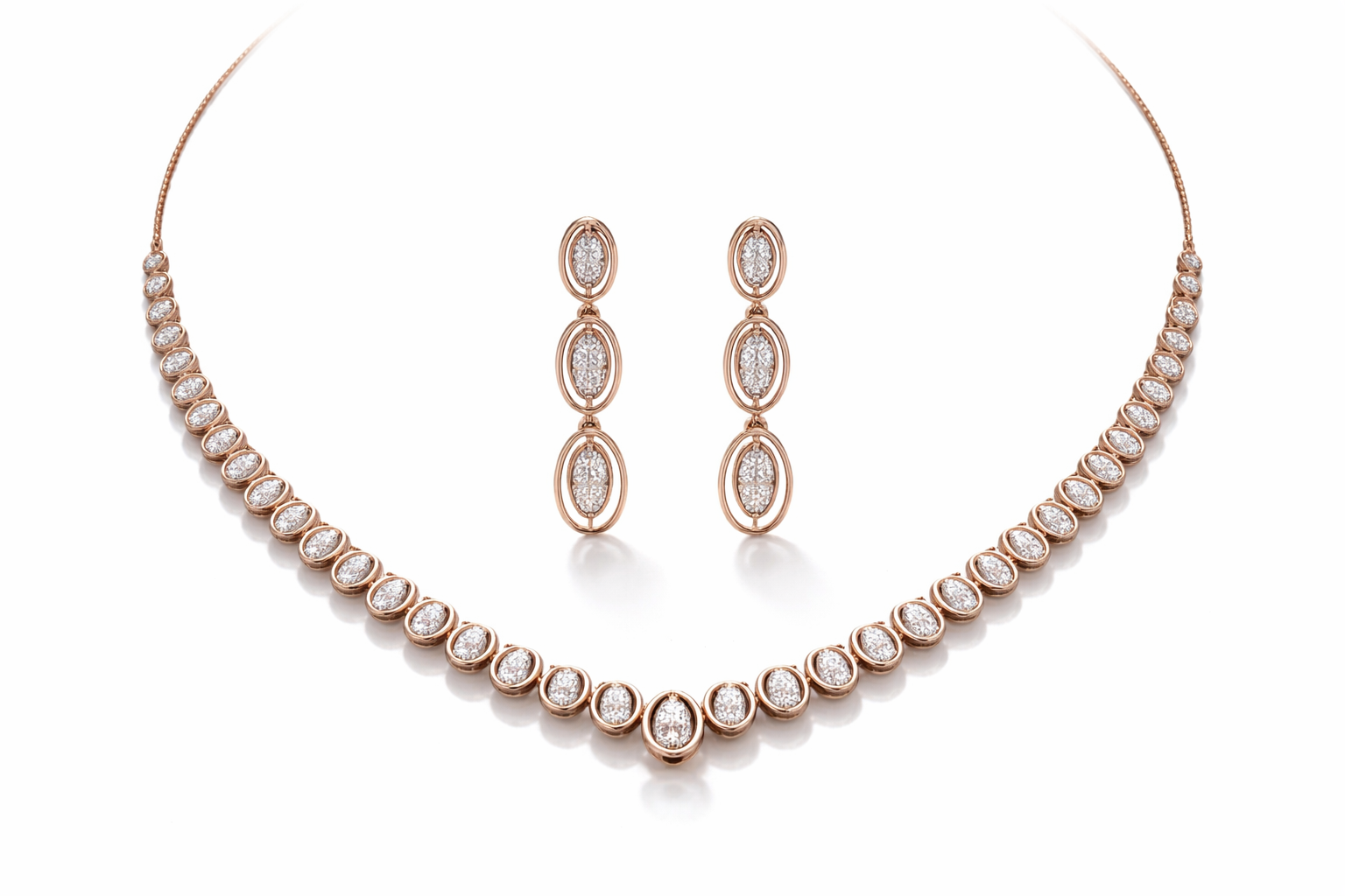 14k Rose Gold Oval Diamond Necklace & Drop Earrings Set