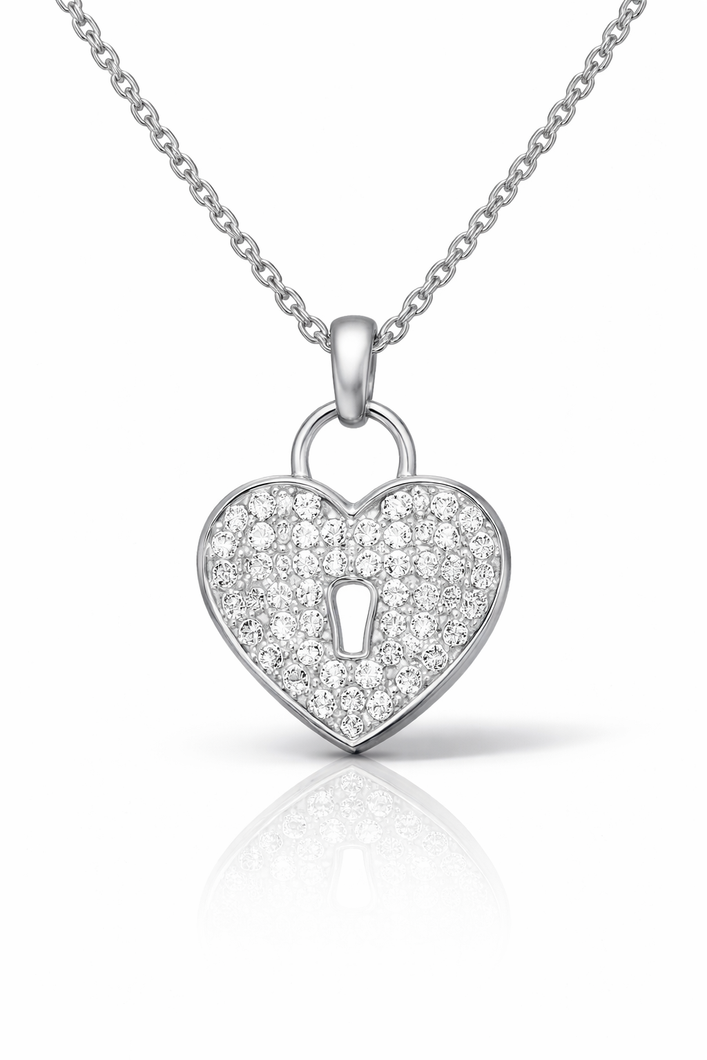 14k White Gold Diamond Heart Lock Necklace