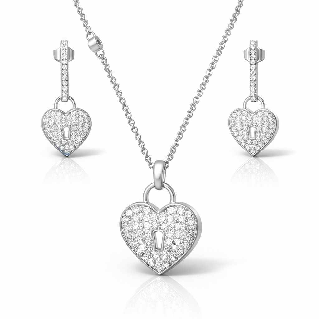 14k White Gold Diamond Heart Lock Necklace