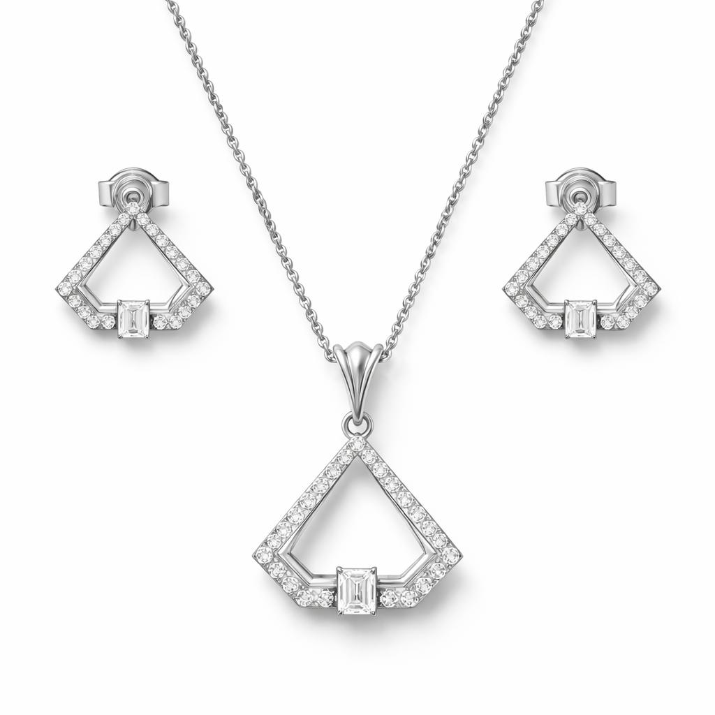 14k White Gold Diamond Triangle Necklace